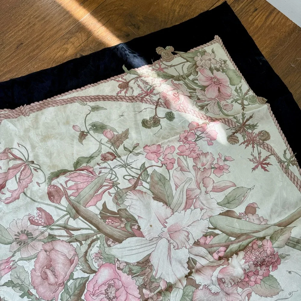 Hiroko for Dozo Cream / Pink Floral  Black Trim Silk Scarf